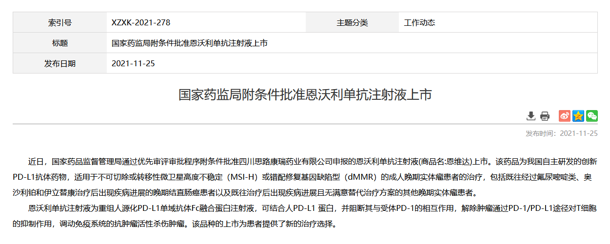 全球首款皮下注射pdl1恩沃利单抗在中国获批上市